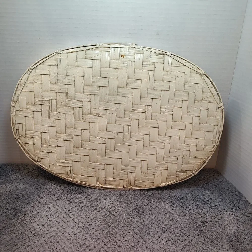 Vtg Woven Basket Platter Fall Fruit Pumpkins Clay Hand Painted Multi Use 14
